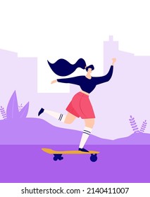 Roller skating girls dancing on the street illustration in vector. Girl power concept poster. Roller and skater park. Editable vector illustration