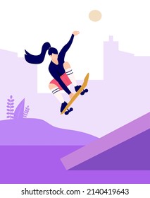 Roller skating girls dancing on the street illustration in vector. Girl power concept poster. Roller and skater park. Editable vector illustration