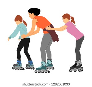 Roller skating girls with mother in park rollerblading vector illustration isolated on background. In-line skating happy family on roller skating. Mothers day with kids outdoor after work activity