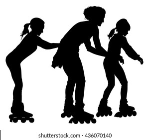 Roller skating girls with mother in park rollerblading vector silhouette isolated on white background. In-line skating. Happy family on roller skating.