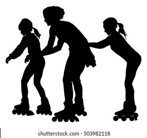 Roller skating girls with mother in park rollerblading vector silhouette isolated on white background. In-line skating happy family on roller skating. Mothers day with kids outdoor after work activity