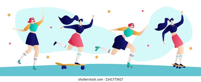 Roller skating girls with record player dancing illustration vector. Girl power concept poster. Summer time