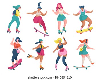 Roller skating girls. Young women roller skates and skateboards, rollerblading and skateboarding teenager active trendy leisure time outdoors collection, extreme sport in park flat vector isolated set