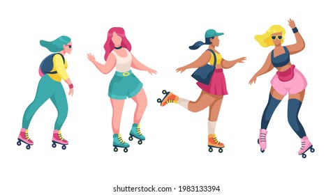 Roller skating girls. Young women roller skates, rollerblading teenager active trendy leisure time outdoors, female characters in colorful clothes, extreme sport in park vector isolated set