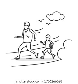 Roller skating icon. Parent and child using roller blades. Concept linear pictogram for family sport activity and summer vacation children entertainment. Editable stroke vector illustration