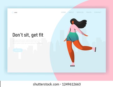 Roller skating landing page template. Cardio exercises fitness and workout outdoors concept. Woman roller skater healthy lifestyle for website or web page. Vector illustration