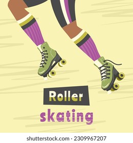 Roller skating. Legs of skater women, pink socks, sportswear. Young girl in sports shorts rollerblading. Retro poster in 90s, 80s, 70s style. Freedom, lifestyle concept. Vector flat illustration