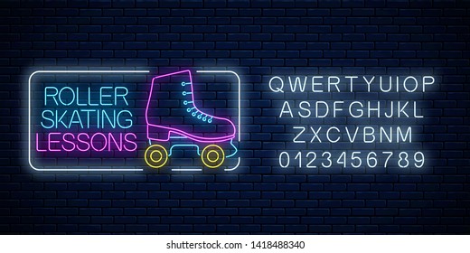 Roller skating lessons advertising sign with alphabet. Retro roller skates glowing neon sign. Skate zone symbol in neon style. Vector illustration.