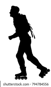 Roller skating man in park rollerblading vector silhouette isolated on white background. In-line skating. Skater boy riding wheels. Young man with backpack rollerblading on street. Outdoor activity.