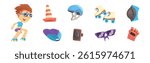 Roller Skating Object and Colorful Attributes Vector Set