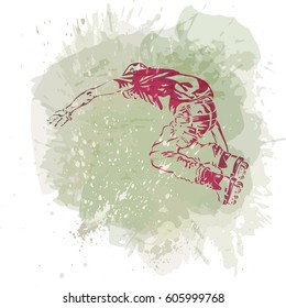 Roller skating on grunge trend handcrafted splash background. Extreme urban modern sport. Good for flayer, print, web, advert, poster. Vector illustration