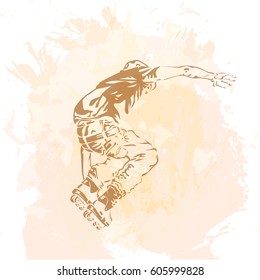 Roller skating on grunge trend handcrafted splash background. Extreme urban modern sport. Good for flayer, print, web, advert, poster. Vector illustration
