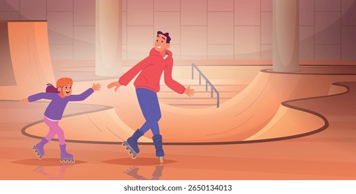 Roller skating park. Indoor sport special playground for skaters family with kids skating exact vector background in cartoon style