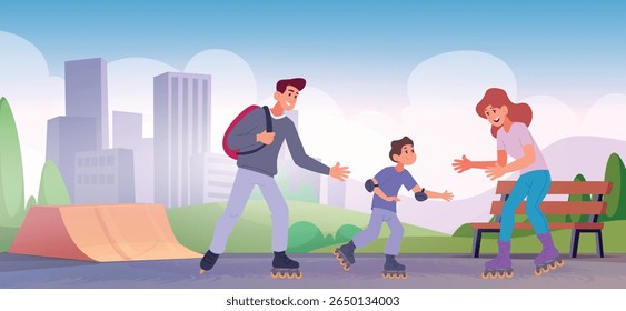Roller skating park. Outdoor sport activity parents with kids skating in urban park exact vector cartoon background