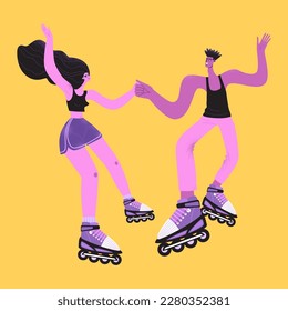Roller skating party. Funny couple on roller skates dancing and having fun. Flat isolated image