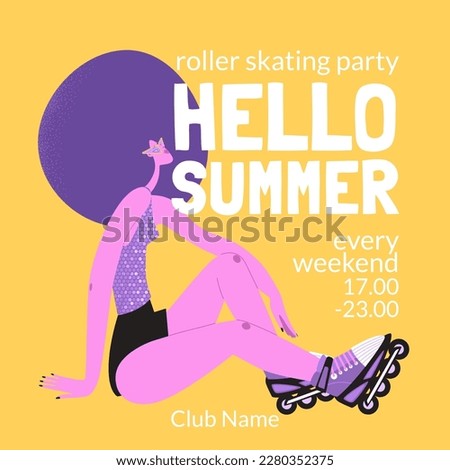 Roller skating party vector invitation banner. Cute girl on roller skates. Flat image