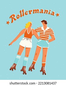 Roller Skating Retro Couple. Vector Ilustration Of Young Man And Woman Enjoying 70s Or 80s Style Hobby. Roller Disco Concept.