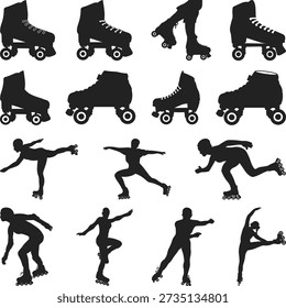 Roller skating Silhouette, Roller derby Set Vector, roller skates clipart bundle Collection silhouette, Roller skates sports athlete Isolated on white background. Vector illustration
