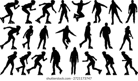 Colección de Vector de silueta de patinaje sobre ruedas, poses dinámicas, estilo de vida activo, movimiento deportivo, figuras negras, trucos de salto, ilustración artística, movimiento enérgico, concepto de fitness, Elementos de diseño con estilo