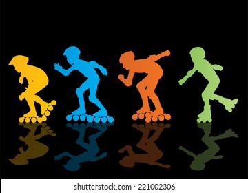 Roller skating silhouettes vector background concept with reflection