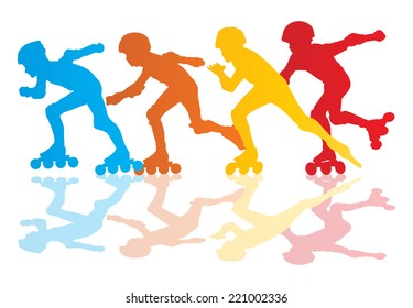 Roller skating silhouettes vector background concept with reflection