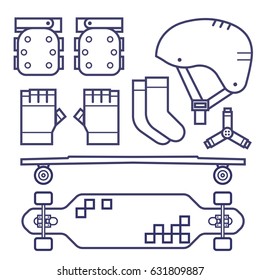 Roller skating and skateboarder protection set. Skate boarding protective gear. Skater helmet, wrist guards, elbow, knee pads and longboard icons in line art. City sports and activities equipment.