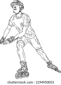 Roller skating sport flat illustration. Young sportsman on skates cartoon character doodle, Roller skating man silhouette