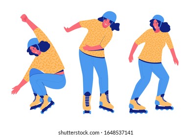 Roller skating teen collection. Girls rollerblading. Extreme sport. Vector illustration. 