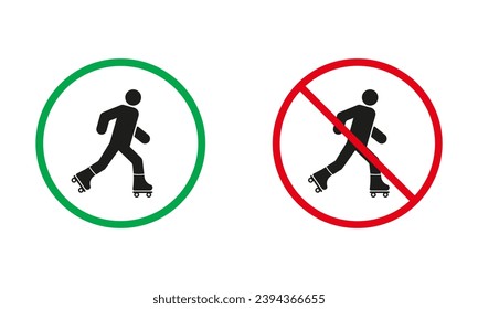 Roller Skating Warning Sign Set. No Entry On Rollerskate Symbol. Roller Skate Allowed and Prohibit Silhouette Icons. Isolated Vector Illustration.