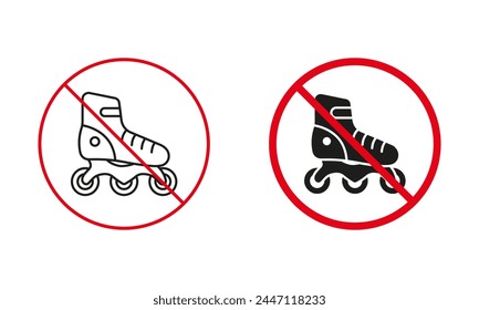 Roller Skating Warning Sign Set. Roller Skate Not Allowed, Prohibit Zone Line and Silhouette Icons. Sports Footwear Red Circle Symbol. No Skating Zone. Isolated Vector Illustration.