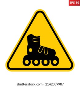 Roller skating warning sign. Vector illustration of yellow triangle sign with inline skates icon inside. Activities symbol isolated on white background. Caution roller skater likely on road.