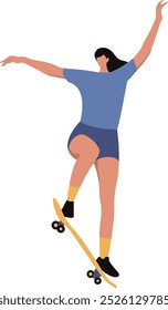 Personaje de mujer de patinaje sobre ruedas con ropa casual. Ilustración gráfica de Vector plano