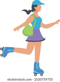Roller Skating Woman Character on White Background. Vector Cartoon Illustration