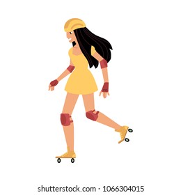Roller skating young girl with sports protection isolated on white background - summer activity concept. Cartoon female character with long black hair roller blading, vector illustration.