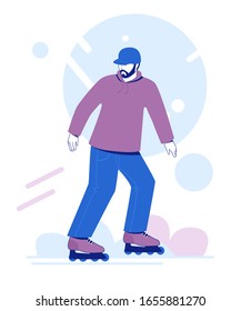 Roller skating young man. Man rollerblading. Extreme sport. Vector illustration. 