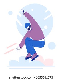 Roller skating young man. Man rollerblading. Extreme sport. Vector illustration. 
