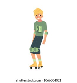Roller skating young man with sports protection isolated on white background - summer active recreation concept. Cartoon male character with blonde hair roller blading, vector illustration.