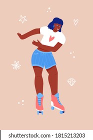 Roller skating young woman collection. Black girls rollerblading. Extreme sport. Vector illustration. 