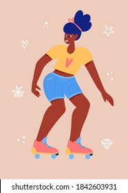 Roller skating young woman collection. Black girls rollerblading. Extreme sport. Vector illustration. 