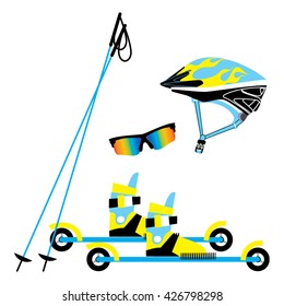 Roller skiing equipment set. Helmet, sticks, boots. Roller skiing Vector illustration. 