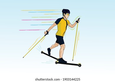Roller sports, roller skiing. An athlete on roller skis, with ski poles. Roller skiing is a summer sport.