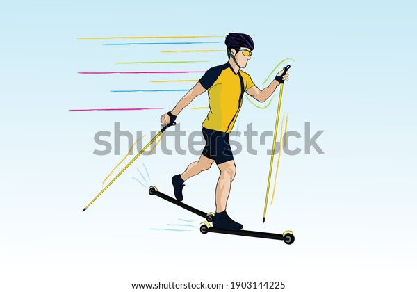 Roller sports, roller\
skiing. An athlete on roller skis, with ski poles. Roller skiing is\
a summer sport.