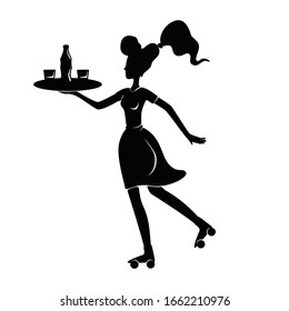 Roller waitress holding tray in hands black silhouette vector illustration. Retro female waiter. 1950s style woman on rollerskate. 2d cartoon character shape for commercial, animation, printing