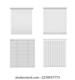 Las cortinas y persianas de las ventanas de rodillos. Roll jalousie, tonos venecianos y romanos. Obturadores de ventanas vectoriales realistas con persianas verticales y horizontales hechas de plástico blanco, metal y tela