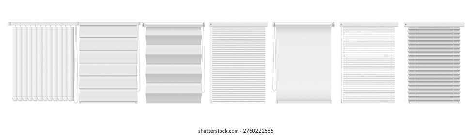 Roller window blinds in neutral colors, isolated realistic louvers collection. Vector shutters mockup set for blocking sunlight and maintaining privacy. Minimal design of shades for modern interiors