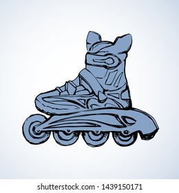 Rollerblade brake race casters inline design on white road backdrop. Outline black hand drawn rollerskate object logo emblem sketchy in retro art scribble cartoon style pen on paper and space for text