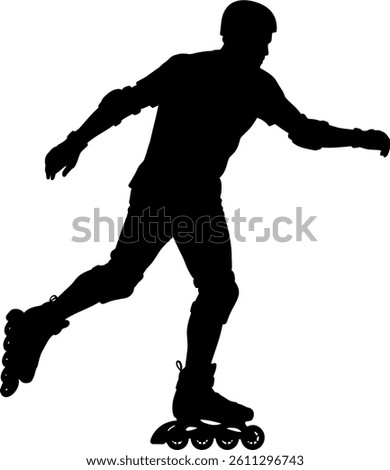 Rollerblader silhouette skates forward wearing protective gear on a white backdrop for safety