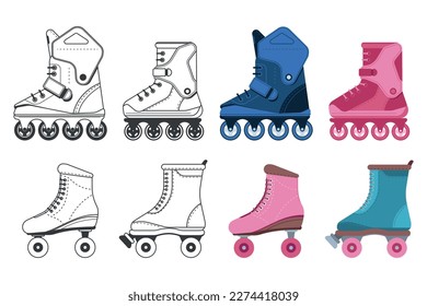 Rollerblades and skates vector cartoon set isolated on a white background.