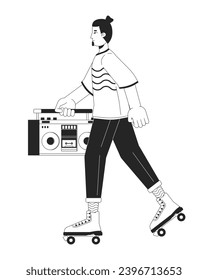 Rollerblading with boom box black and white cartoon flat illustration. Caucasian male 80s riding roller skates 2D lineart character isolated. Eighties nostalgia monochrome scene vector outline image