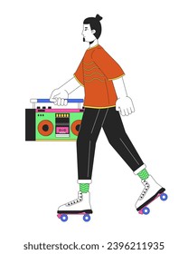 Rollerblading with boom box line cartoon flat illustration. Caucasian male 80s riding roller skates 2D lineart character isolated on white background. Eighties nostalgia scene vector color image